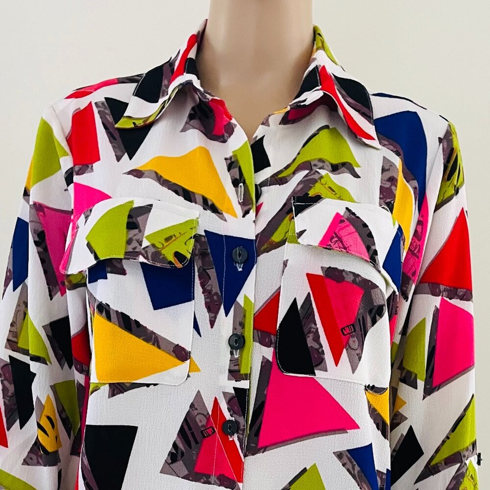 Mishca Women Button Up Top Tunic Blouse Shirt Size Small Geometric Multicolor